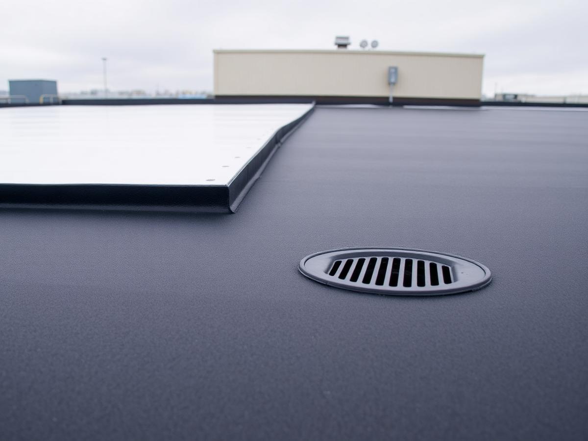 Finished torch-on flat roof membrane on a commercial building
