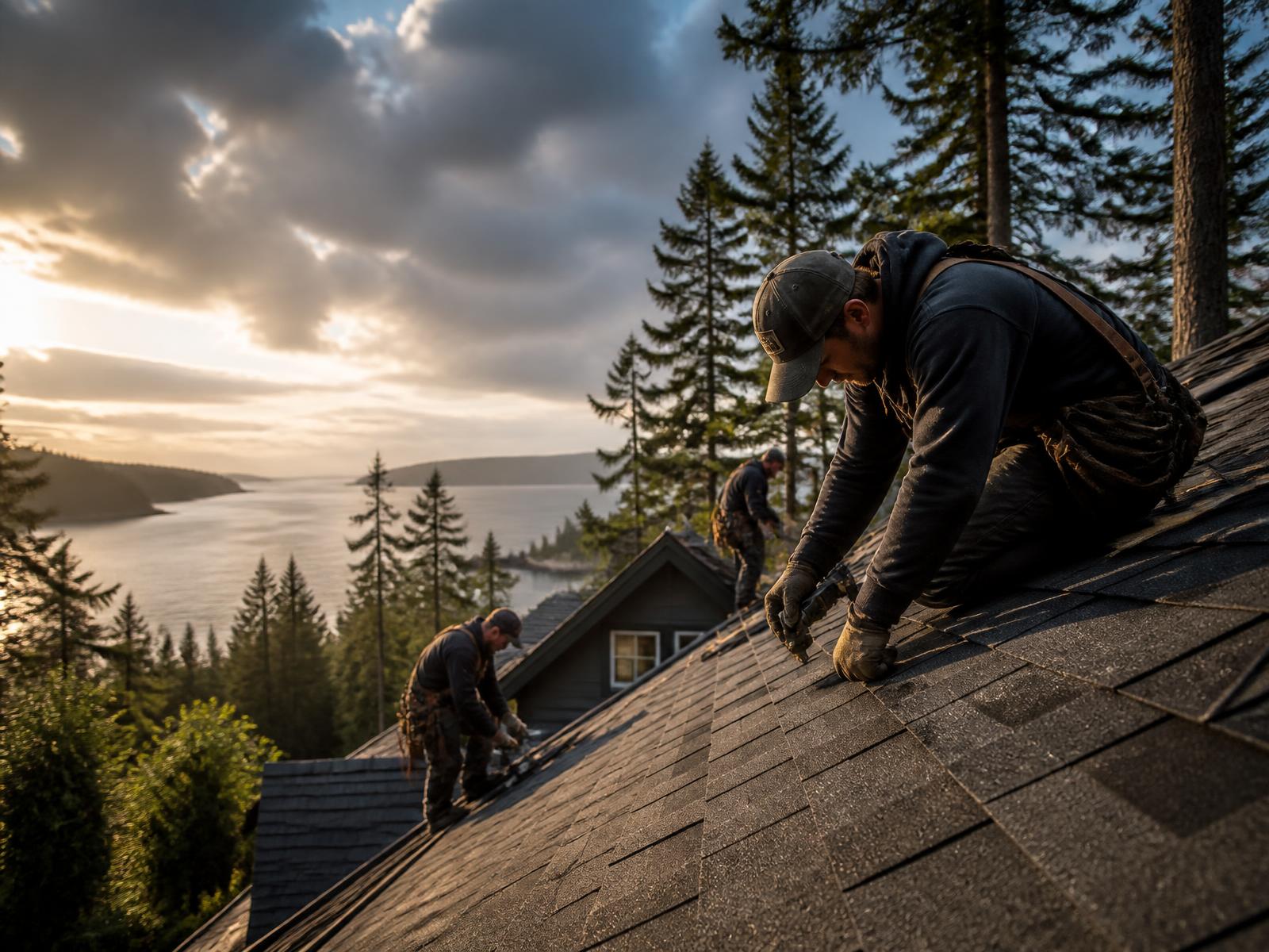 Roofing crew installing shingles on a home overlooking a Vancouver Island inlet